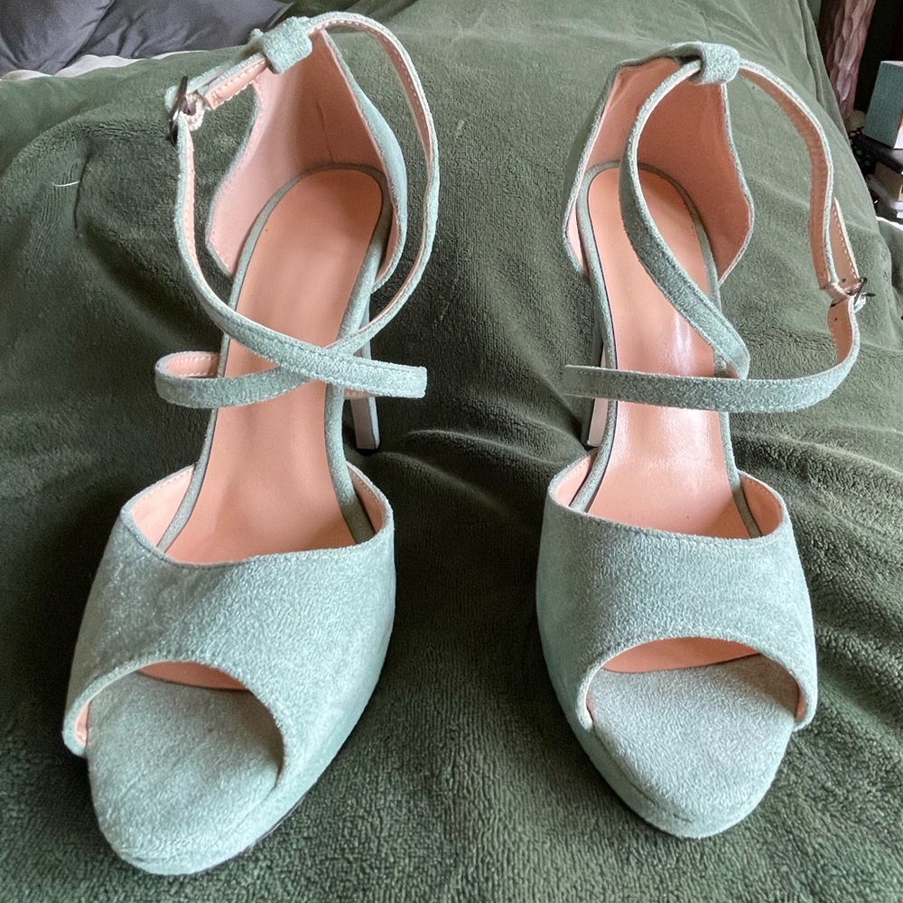 Sage Green Suede Open-toed Heels